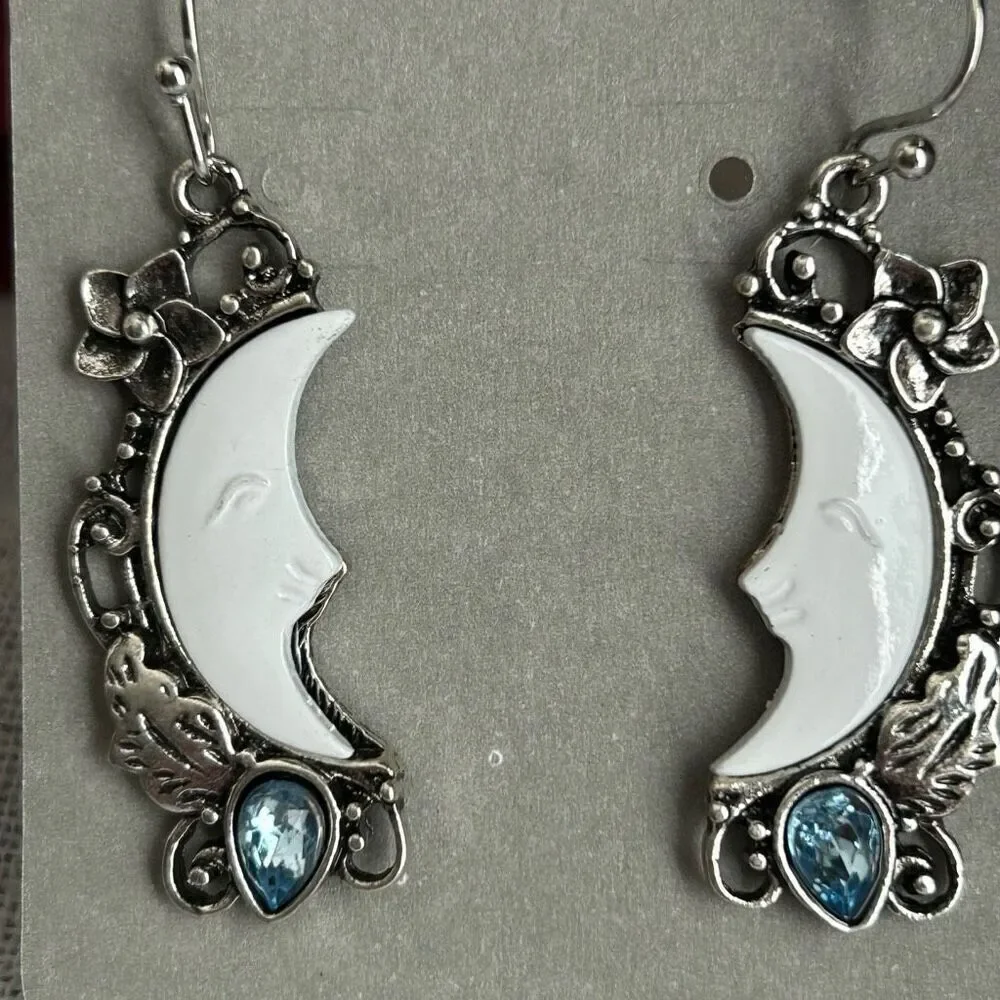 Silver Moon Face Filigree Floral Blue Stone Dangle Earrings